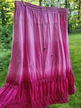 Romantic Boho Pink Cotton Maxi Skirt Lace Trim Cottagecore Festival L